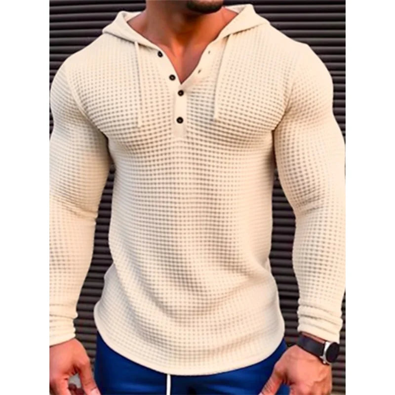 Hehope 2024 Man Solid Color Slim Fit Long Sleeve Thin hoodie Men's Henley Neck Breathable Sports Shirt Waffle Cotton Casual Long Sleeve