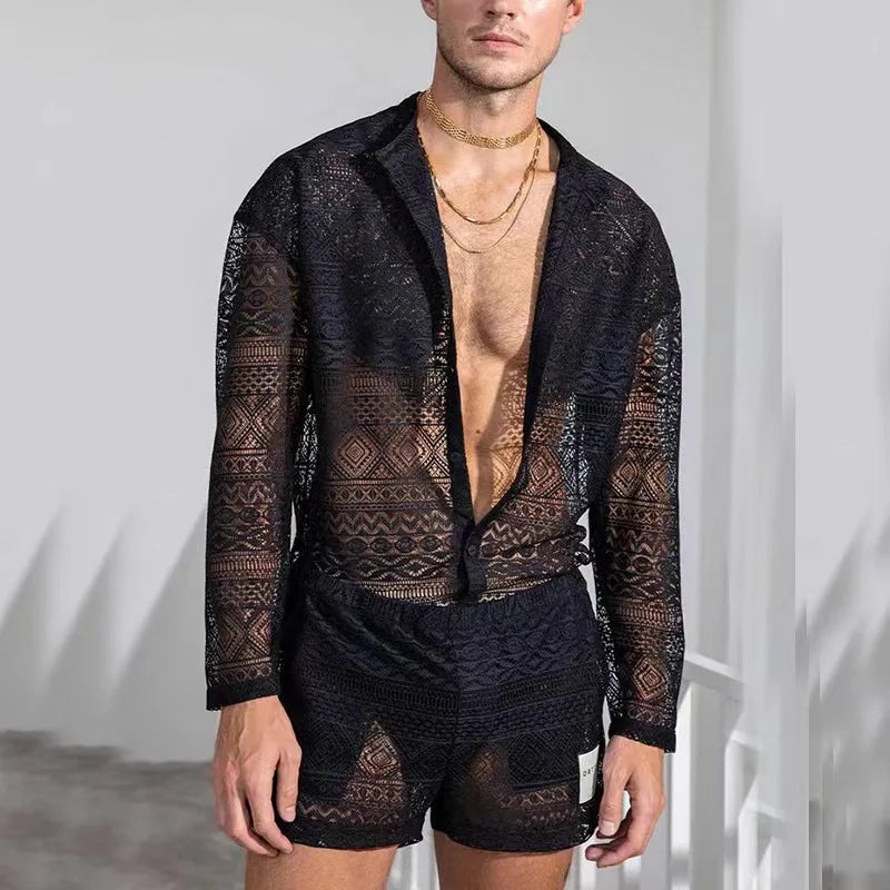 Hehope New Summer Men Two Piece Suits Sexy See Through Lace Outfits Beach Fashion Plain Pattern Print Long Sleeved Tops And Shorts Set