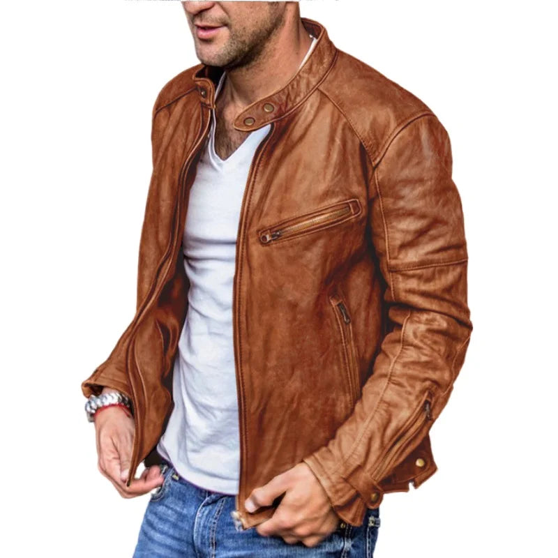 Hehope New Mens Leather Jacket Men Fashion Red Motorcycle PU Leather Jacket Stand Collar Zipper Pockets Leather Coats