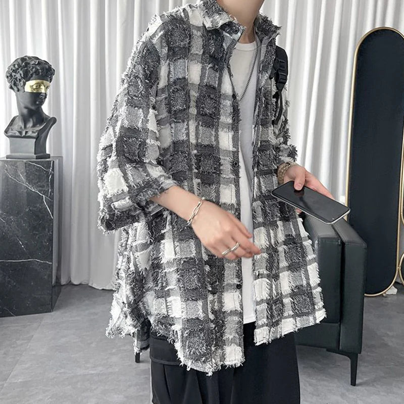 Hehope Summer Fashion Polo-neck Vintage Plaid Tassel Printing Shirt Male Half Sleeve Loose Casual Harajuku Y2K Cardigan Top Men Blouse