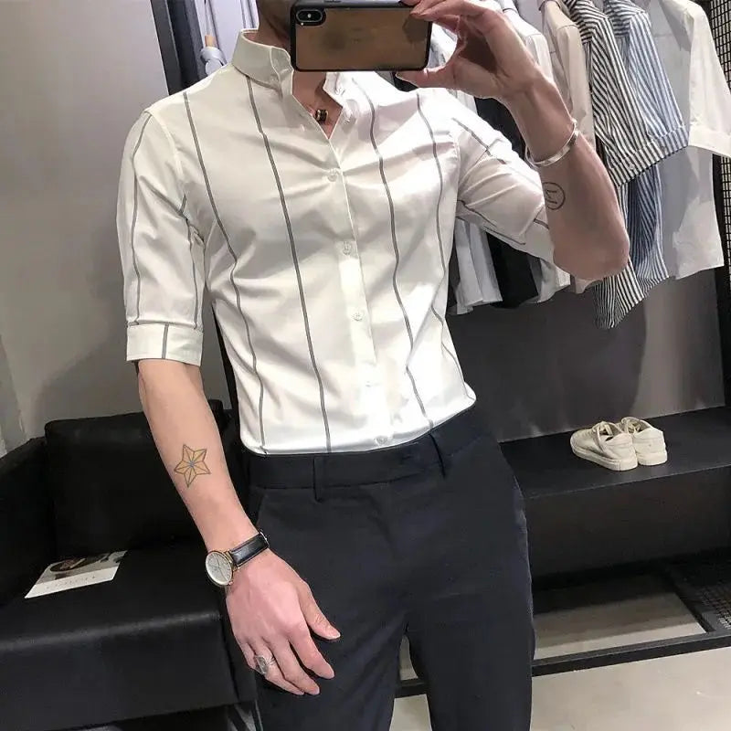 Hehope Korean Version Men's Commuter Top Spring and Autumn New Fashion Stripe Print Lapel Splice Button Business Casual Versatile Shirt