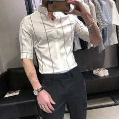 Hehope Korean Version Men's Commuter Top Spring and Autumn New Fashion Stripe Print Lapel Splice Button Business Casual Versatile Shirt