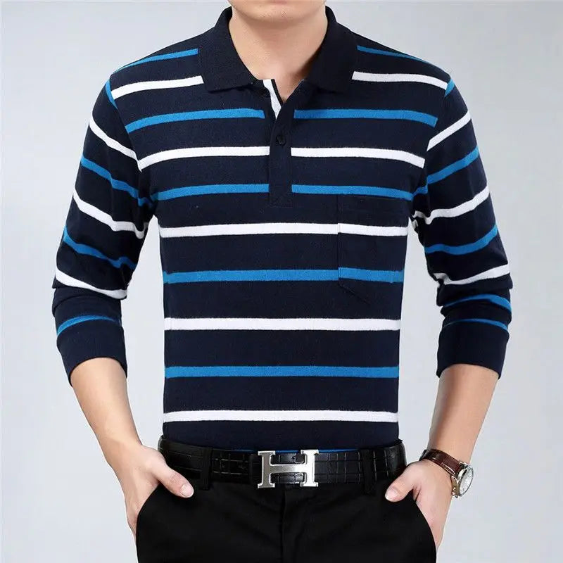 Hehope Fashion Men New Business Striped Polo Shirts Korean Spring Autumn Casual Long Sleeve Lapel Pockets Male Clothes Cotton Tops