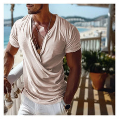 Hehope Men's V-neck Short-sleeved T-shirt Summer Men's Vacation Tulum V-neck Solid Color T-shirt Simple Mature Men's T-shirt Top Y2k