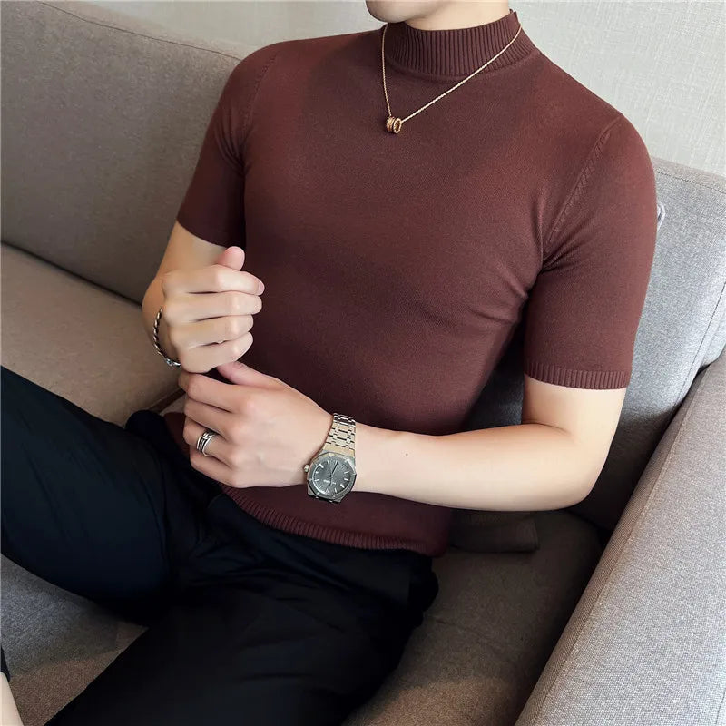 Hehope Men Short Sleeve T-Shirt Knitted Pullover 2024 Summer High Elastic Solid Casual Stripe Slim Fit Half High Collar Knit Sweater