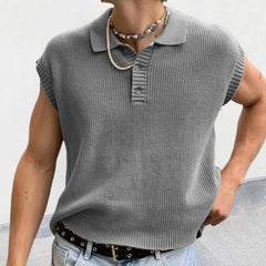 Hehope Leisure Solid Knitting Tops Men Sleeveless Buttoned Turn-down Collar Knit Vest Shirts Spring Summer Men's Clothing Fashion