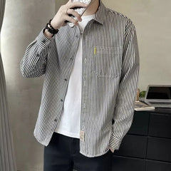 Hehope New Spring and Autumn Fashion Casual Loose Work Clothes Hong Kong Style Rash Handsome Polo Neck Stripe Long Sleeve Shirt