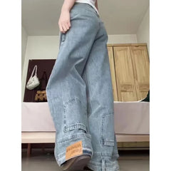 Hehope Y2k High Street Retro Women Jeans Leg Design Washed High Waist Pants Harajuku Casual Wide Leg Pants Baggy Jeans