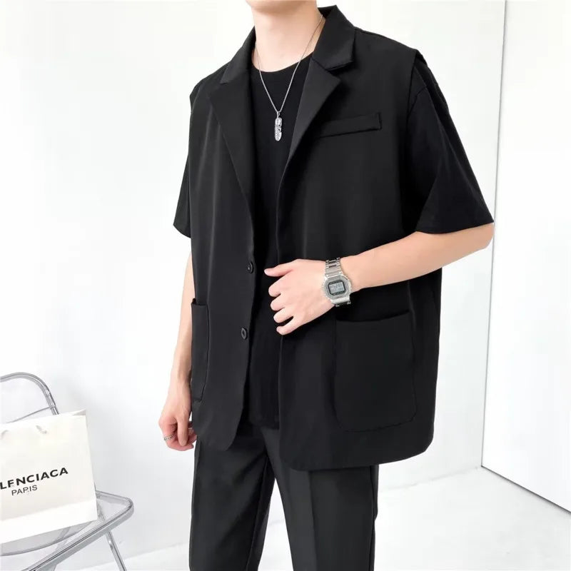 Hehope Grey Black Suit Vest Men Fashion Social Mens Dress Vest Korean Loose Sleeveless Blazer Mens Jacket Office Formal Vest M-2XL