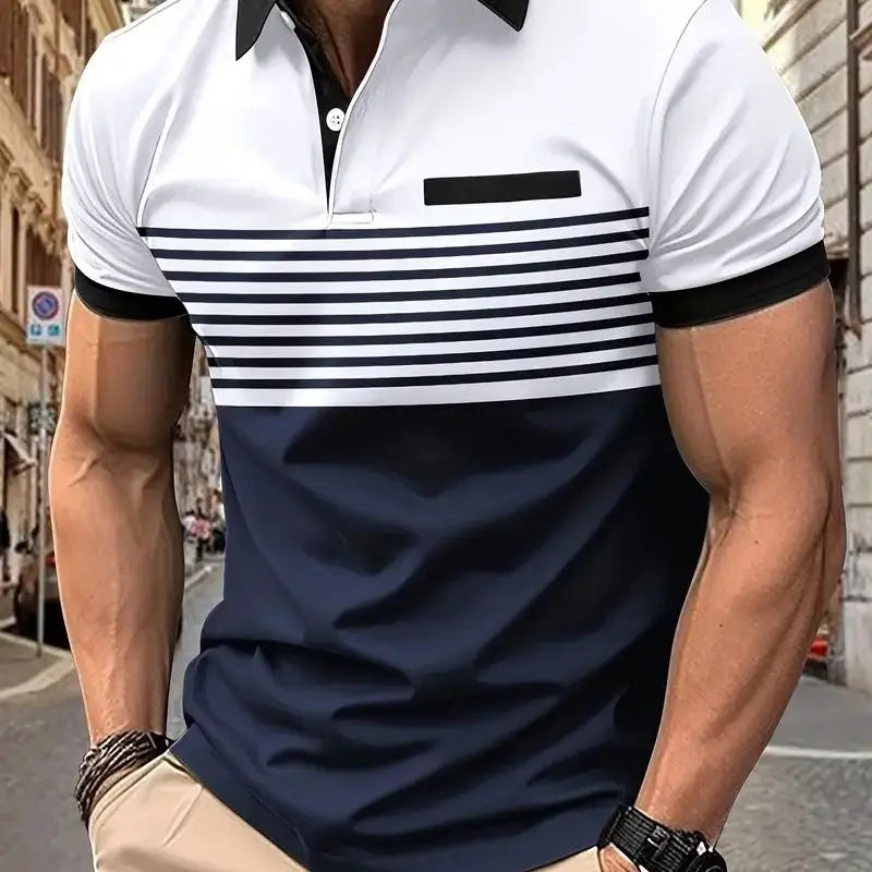 Hehope Summer New Casual Fashion Versatile Polo Shirt Men's Lapel Button Color Block Print Patchwork Striped Ventilate Long Sleeved Top