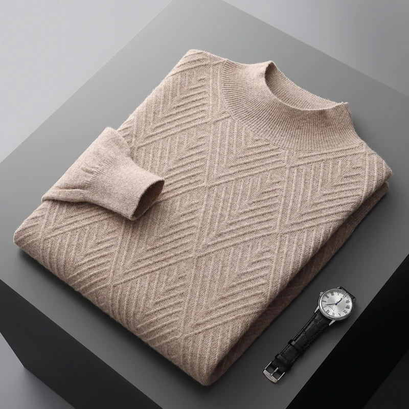 Hehope 100%Pure Wool Cashmere Sweater Men's Loose Half Turtleneck Jacquard Pullovers Autumn Winter Youth Top High-End Knit Shirt