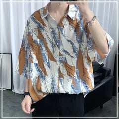 Hehope 2024 New Summer Ruffian Handsome Men's Niche Fashion Lapel Personalized Tie Dye Print Loose Casual Versatile Short Sleeved Shirt