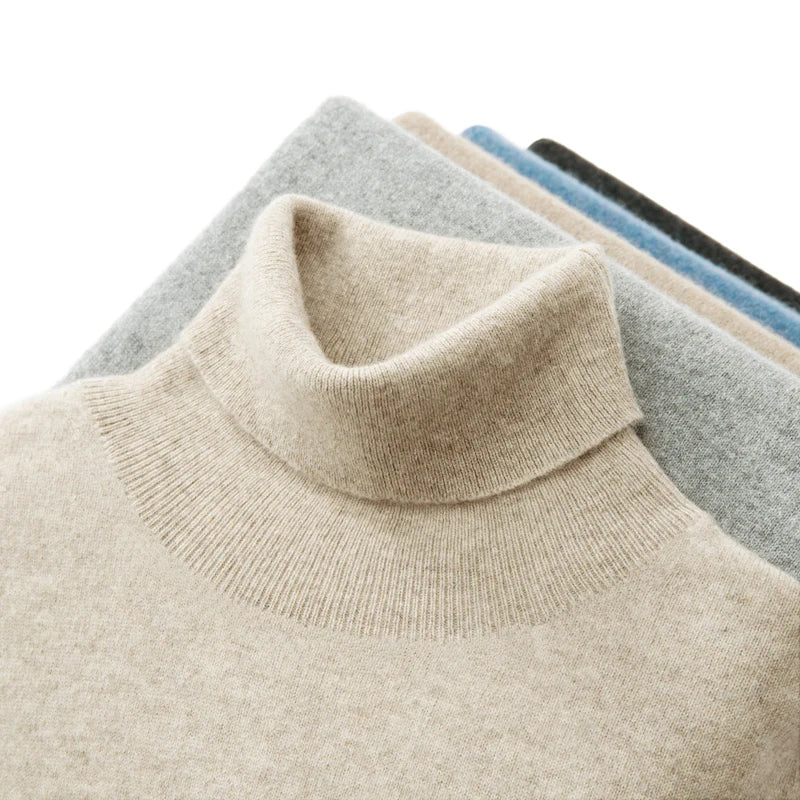 Hehope Autumn and winter high-necked men's cashmere sweater solid color loose 100% pure wool Joker fashion thickened basic sweater.