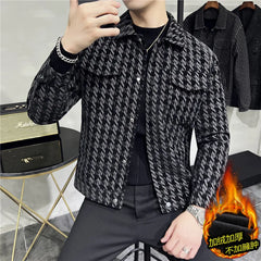 Hehope Autumn Winter Lapel Leather Jacket Men's Slim Fit lattice Thickened Warm Coat Short Streetwear Casual Business Overcoat