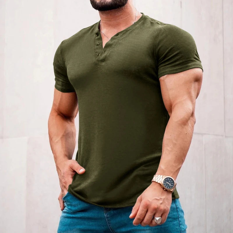 Hehope Leisure Solid Color Short-sleeved T Shirt Men Clothes Casual Buttoned V Neck Pullover Tops Spring Summer Mens Fashion T-shirts