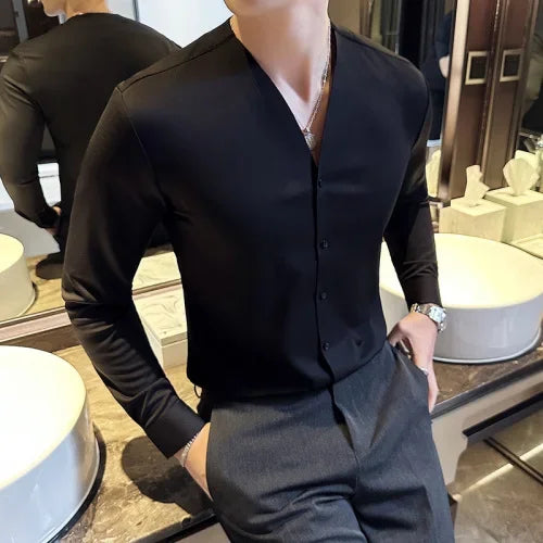 Hehope High-quality Waffle Shirt for Men Long Sleeve V-neck Casual Slim Business Formal Dress Shirts Social Banquet Tops Men Clothing