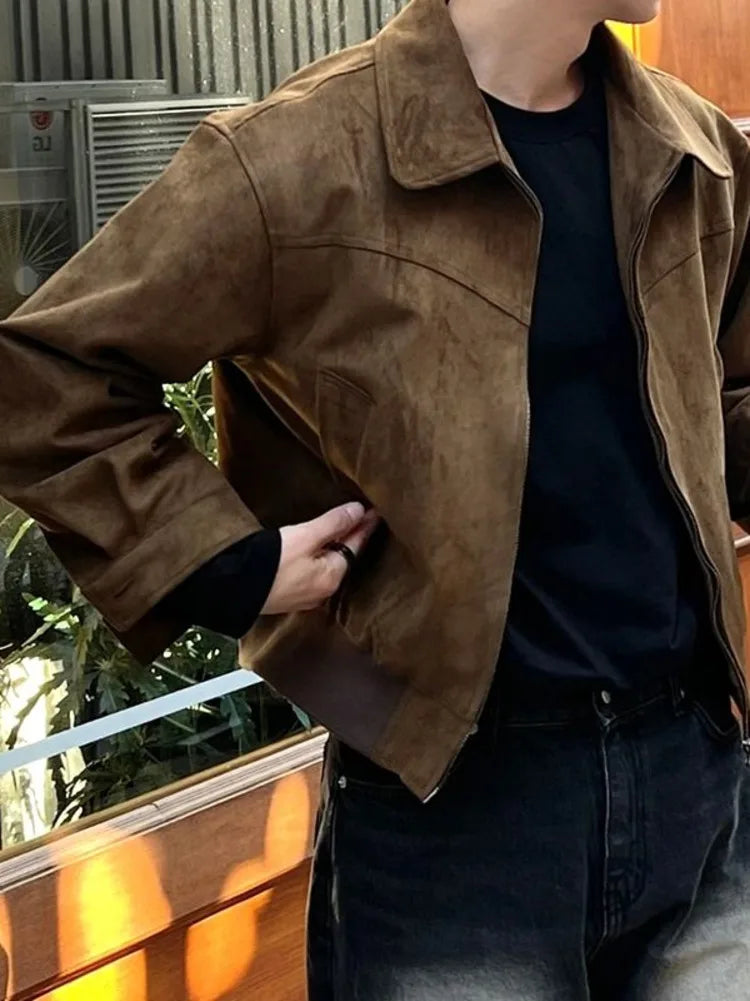 Hehope Maillard Brown Suede Jacket Outerwear Men Autumn Winter  Personality Short Detroit Casual Cargo American Bomber Jacket