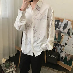 Hehope Spring Autumn New Turn-down Collar Fashion Long Sleeve Shirt Man High Street Casual Y2K Printing Button Cardigan All-match Tops