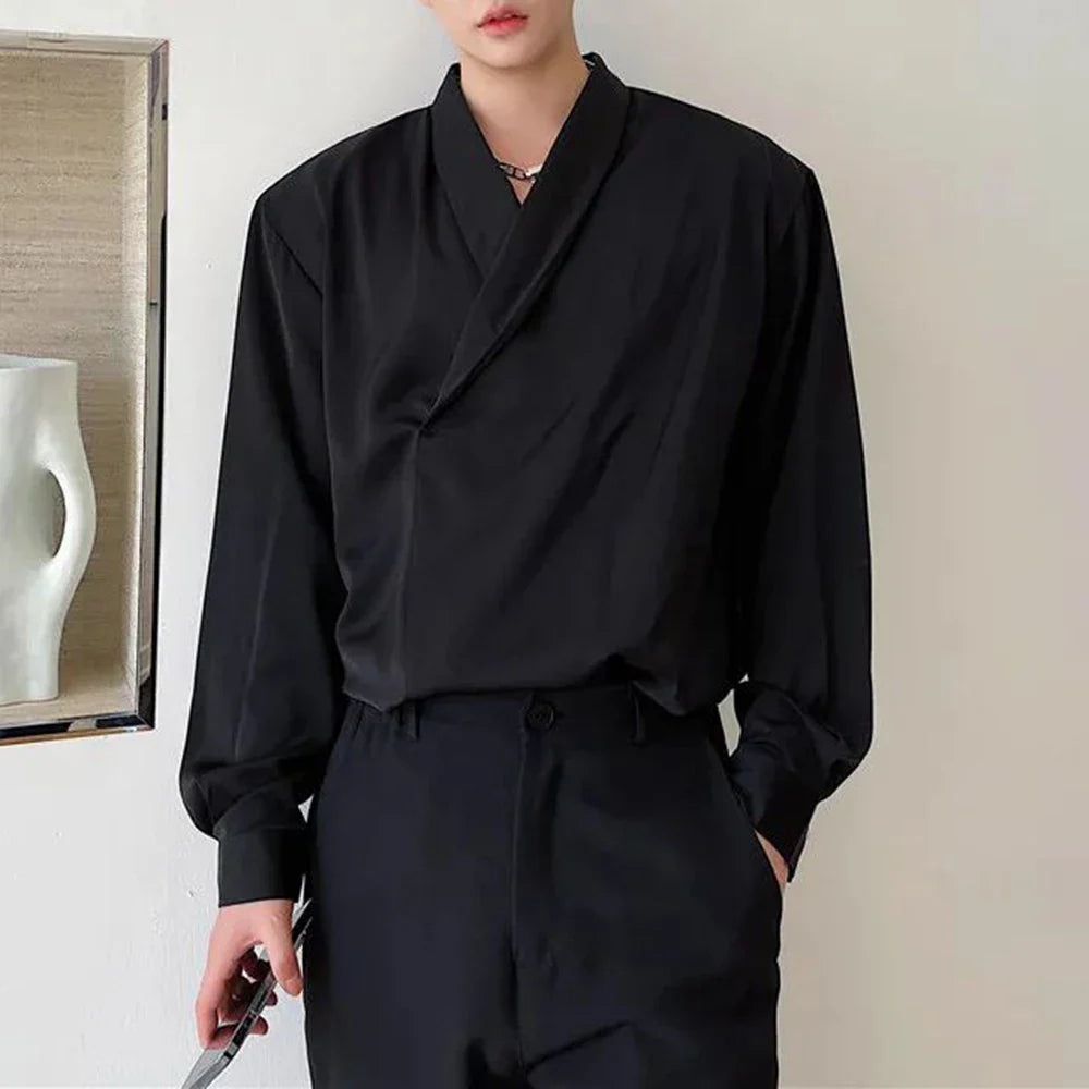 Hehope Mens V-Neck Basic Casual Long-Sleeved Shirt 2024 New Autumn Winter Genderless Fashion Simple Retro Solid Color Shirt Unisex