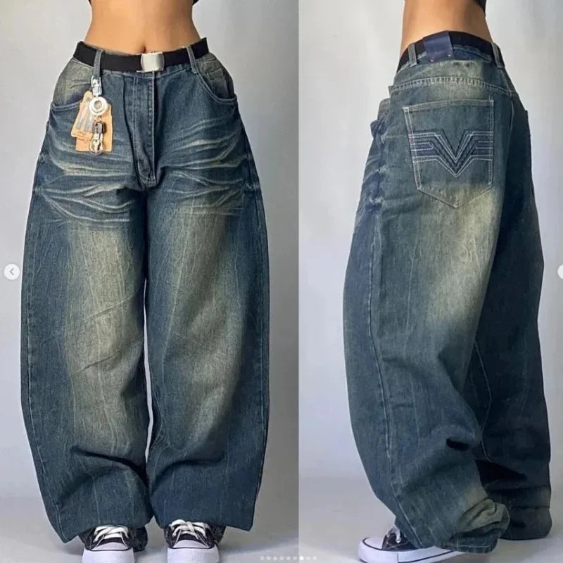 Hehope Streetwear American New Washed Light Blue Baggy Jeans Men And Women Y2K High Street Fashion Retro Punk High Waist Wide Trousers