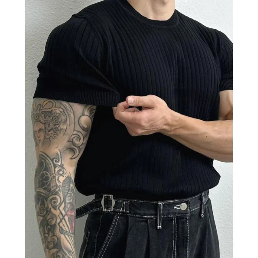 Hehope Korean Clothing Men Slim Knitted T-Shirts New Summer Thin Cool Feeling Breathable Streetwear Fashion Short Sleeve Versatile Tops