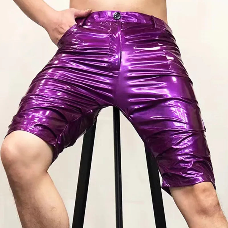 Hehope Shinny Leather Short Sexy Nightclub Multicolor Elasticity Slim Men Motorcycle Shorts Men's DS Costumes Anti-bright PU Pant