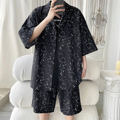 Hehope Mens T Shirts and Shorts Set Korean Style Men's Ice Silk Sets Printed Tops Matching Bottoms Summer Fashion Oversized Clothing