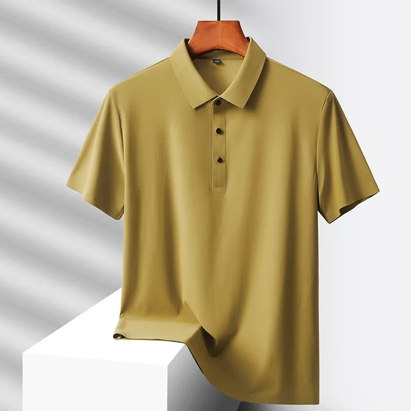 Hehope Summer Ice Silk Quick Drying Loose Polo Shirt Middle Aged Men's Solid Lapel Button Simple Versatile Casual Thin Short Sleeve Top