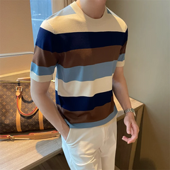 Hehope Korean Style Summer Short Sleeve Patchwork Striped Knit T-shirt Mens Round Neck Slim Fit Casual High-quality Knitted T Shirt