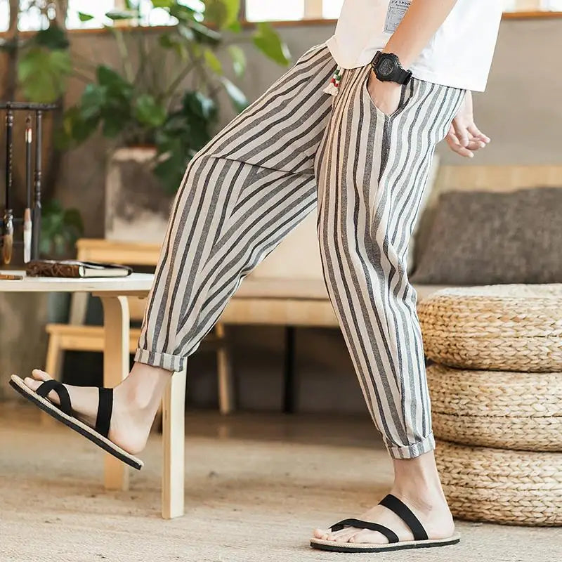 Hehope New Summer Fashion Loose Casual Trendy Men's Versatile Thin Breathable Vertical Striped Linen Oversize Casual Cropped Pants