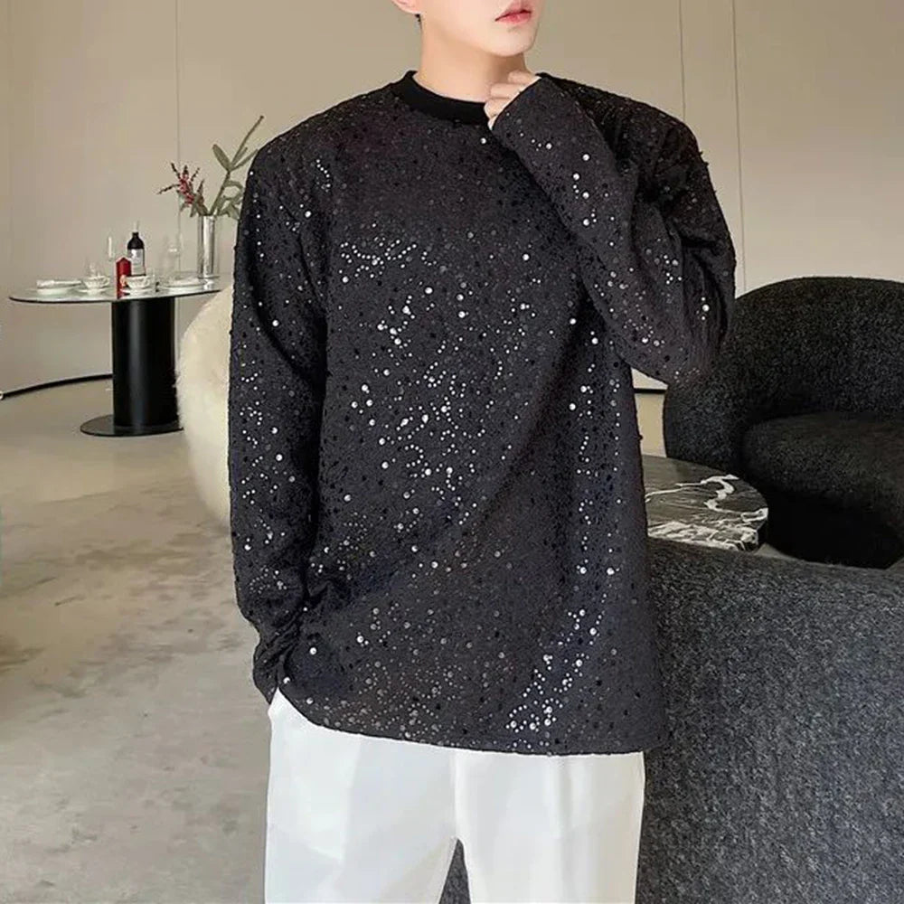 Hehope Mens Autumn Y2k Sequined Korean Style Loose Long-Sleeved T-Shirt Autumn Genderless Nightclub Personalized Fashion Tops Unisex