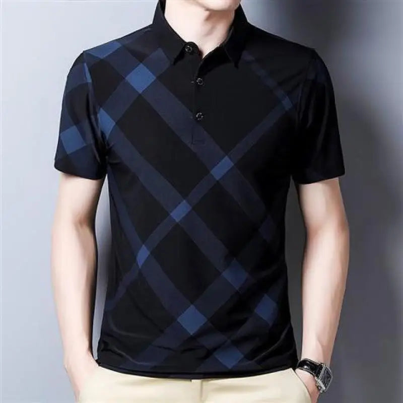 Hehope Summer Short Sleeve T-shirt Men's Turn-down Collar Pullover Fashion Plaid Polo Tees Loose Striped Button Solid Casual Tops