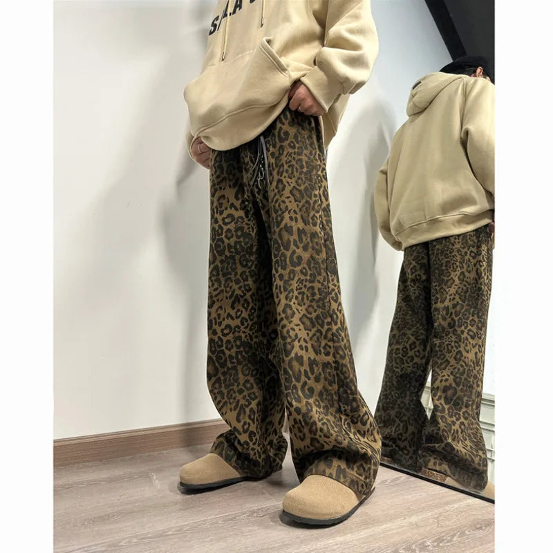 Hehope Leopard Printed Jeans Men Fashion Retro Printed Vintage Jeans Men Streetwear Hip-hop Loose Wide Leg Jeans Mens Denim Trousers