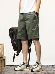 Hehope Summer Casual Shorts Men Stretch Cotton Drawstring Solid Workwear Straight Cargo Shorts Male Loose Bermuda Short Pants