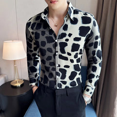 Hehope Fashion Leopard Print Shirt Autumn New Long Sleeve Slim Fit Casual Tuxedo Man Wedding Social Blouse Homme Plus Size 4XL-M