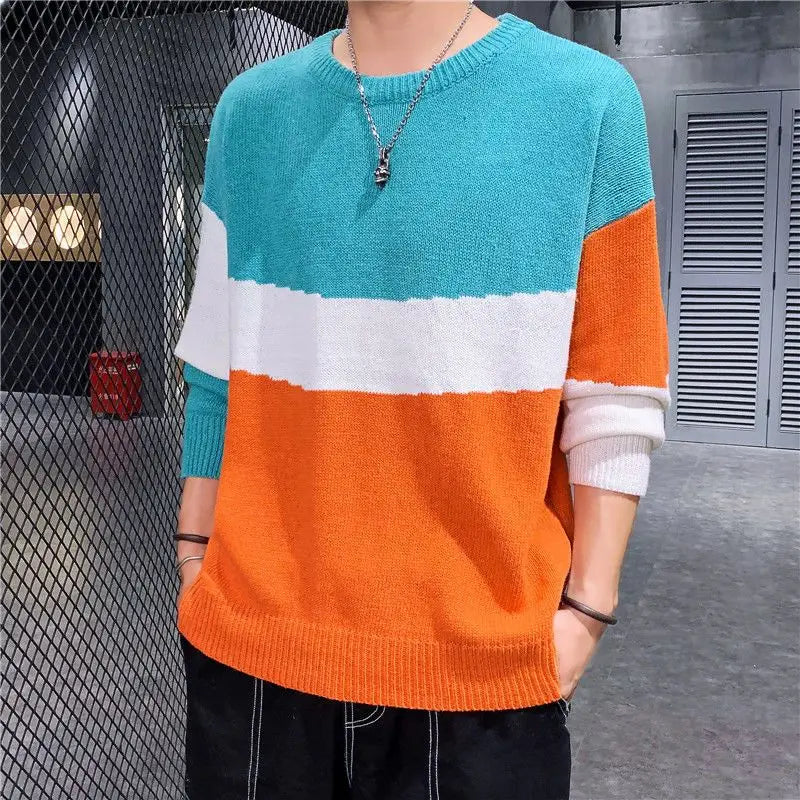 Hehope Knit Sweater Male Crewneck Pullovers Men's Clothing Blue Striped Round Collar Elegant Japanese Retro New in Free Shipping Cheap