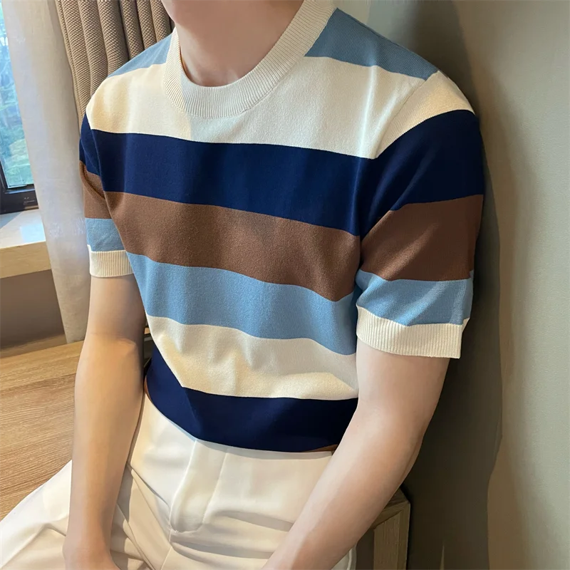 Hehope Korean Style Summer Short Sleeve Patchwork Striped Knit T-shirt Mens Round Neck Slim Fit Casual High-quality Knitted T Shirt