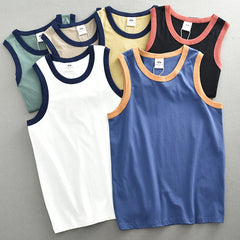 Hehope Summer New American Sleeveless O-neck Solid Color T-shirt Men's Fashion 100% Cotton Washed Casual Sports Fitness Basketball Vest