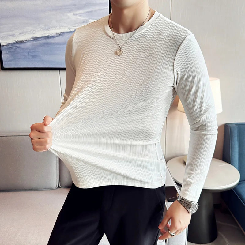 Hehope High Elastic Stripe Men T-shirt Autumn New Long Sleeve Round Neck T-shirt Solid Color Casual Slim Fit White Black T-shirt