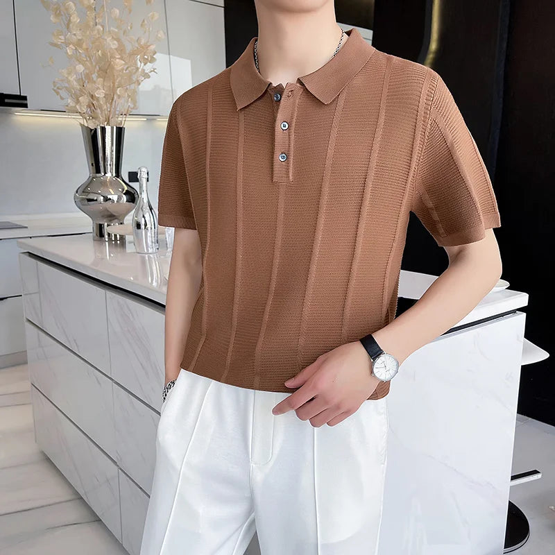 Hehope Men Short Sleeve Polo Shirt Summer New Trendy Casual Solid Color Lapel Button Up Designer Shirt Men T-shirt Men Clothing