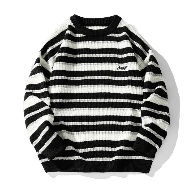 Hehope Lazy Retro Striped Sweater Men Women Autumn Winter Thick Knit Casual Embroidered Knit Pullover Sweater Jacket Couple