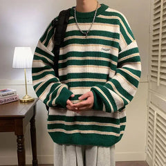 Hehope Lazy Retro Striped Sweater Men Women Autumn Winter Thick Knit Casual Embroidered Knit Pullover Sweater Jacket Couple