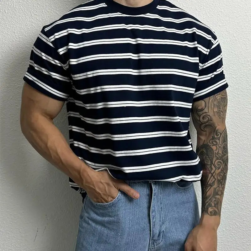 Hehope Summer New Korean Cotton Contrast Stripe Round Neck Loose Casual T-shirt Men's Breathable Commuter Versatile Short Sleeved Top