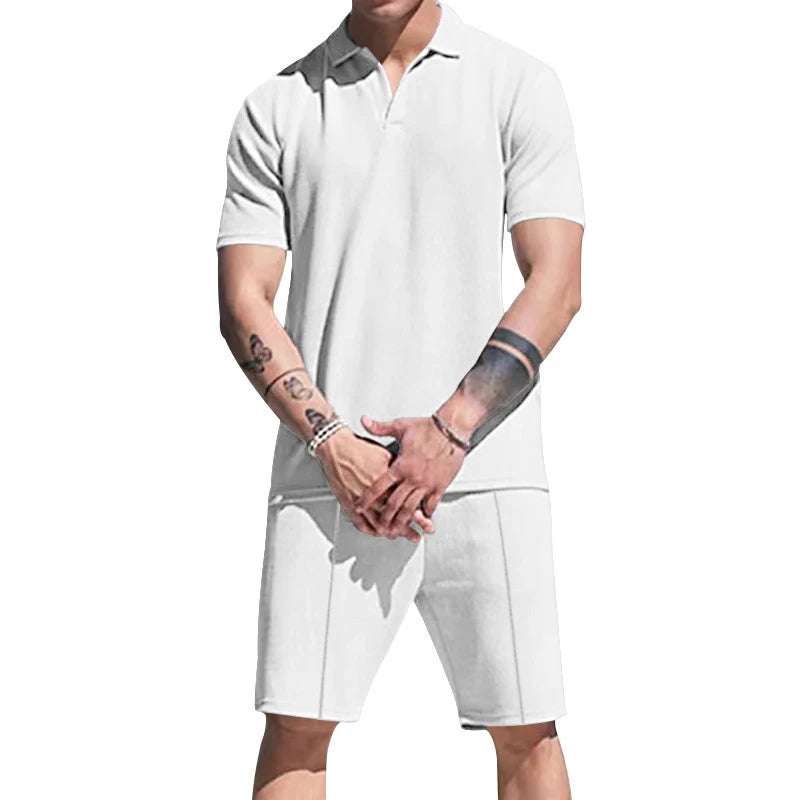 Hehope 2024 Summer Mens Two Piece Sets Casual Solid Color Loose Short Sleeve Turn-down Collar Tops And Shorts Suits Men Leisure Outfits