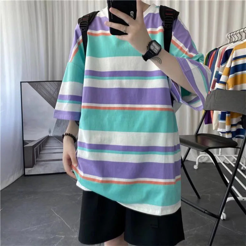 Hehope Summer Loose Casual Oversized Men's Clothing Hong Kong Breeze Striped Printed Short Sleeve Round Neck Trend All-match T-shirt