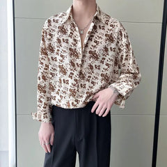 Hehope Printing Shirts Floral  Loose Temperament Fashionable Button Man Spring Summer Turn-down Collar Handsome Men's Clothing