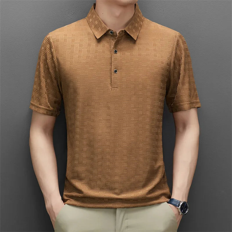 Hehope Men Fashion Business Casual Button Polo Collar Shirts Summer Short Sleeve Solid Color T-shirt Breathable Textured Pullover Tops