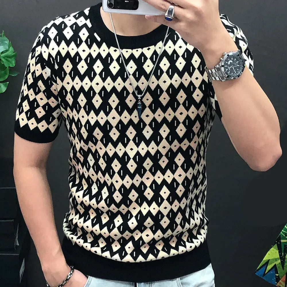 Hehope Diamond Check Contrast Knit T-Shirt High Elasticity Short Sleeve Slim Bottomed Tshirt Men Top Quality Streetwear Knitted Top