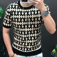 Hehope Diamond Check Contrast Knit T-Shirt High Elasticity Short Sleeve Slim Bottomed Tshirt Men Top Quality Streetwear Knitted Top