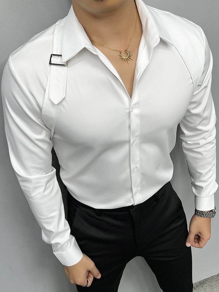 Hehope 2024 Fashion Shoulder Strap Splicing Metal Button Design Shirts Men Social Tuxedo Dress Shirt Men Slim Fit Long Sleeve Shirt